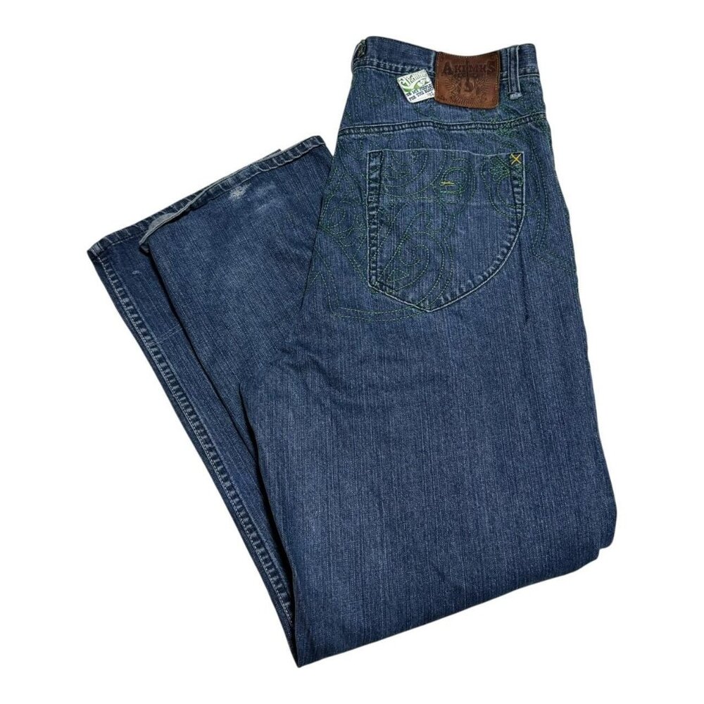 Akademiks Baggy Green Embroidered Spell Out Y2K Jeans Men's 38 (Fits 36x31.5)